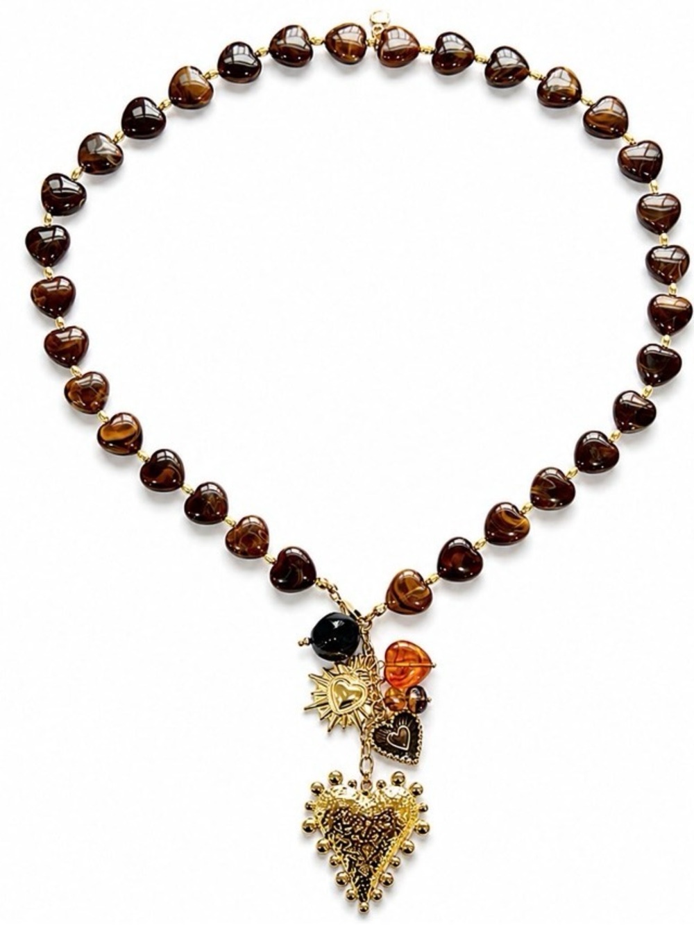 Mayamar Brown Resin Heart Beaded Necklace w/ Metal & Resin Charms